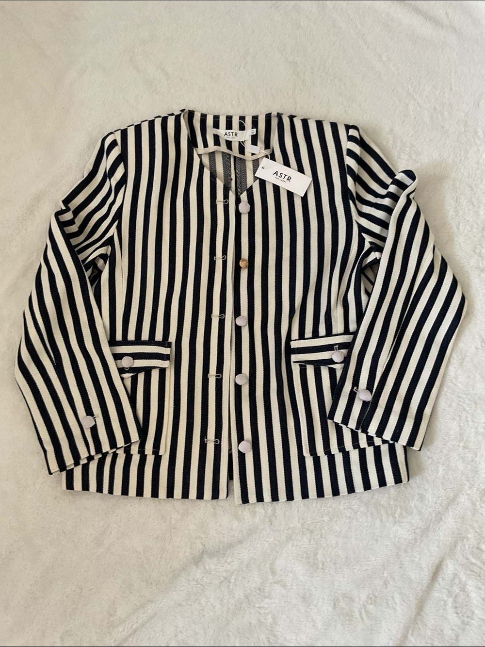 NWT Astr women Blue and White Vertical Stripe denim Blazer